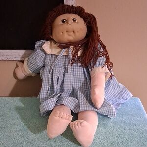 Charming Blue Plaid Doll with Soft Brown Hair Fake Cabbage Patch Doll
